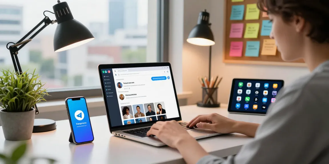 Downloading Telegram on a sleek laptop in a modern workspace with a smartphone and tablet, showcasing seamless communication.