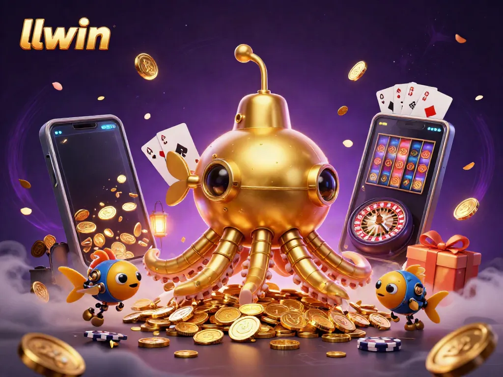 Experience winning with llwin in a fantastical scene of a golden kraken submarine amidst treasures and casino elements.