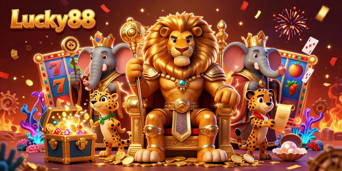 Experience the excitement of Lucky88 with vibrant slot reels and a royal scene featuring a lion king and advisor in 3D.