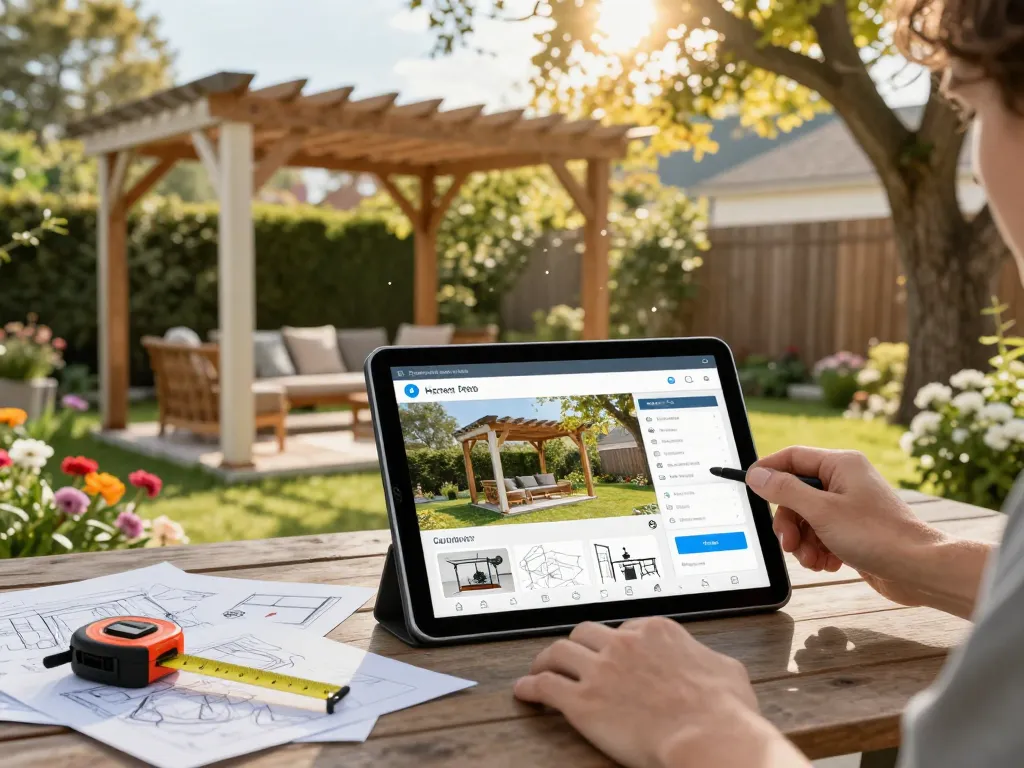 Person engaging with pergola configurator software on a tablet in a beautifully landscaped backyard.