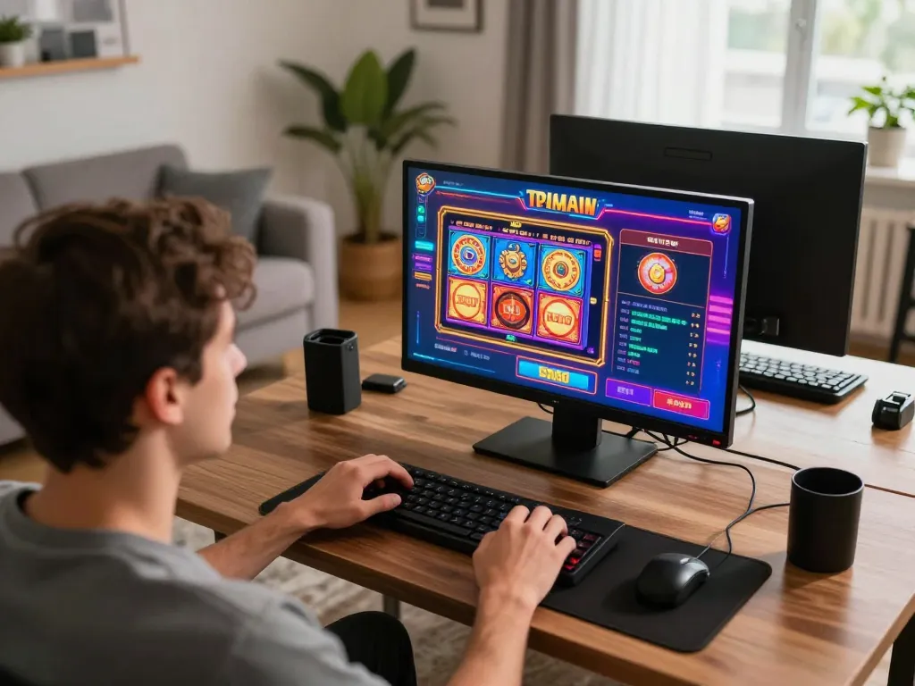 A player enjoys engaging slot games online at gg88gs from a stylish home setup, illustrating interactive gaming excitement.