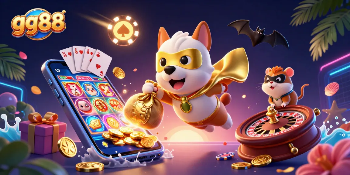 Experience the thrilling adventures of gg88 with a superhero dog flying through a vibrant casino world.