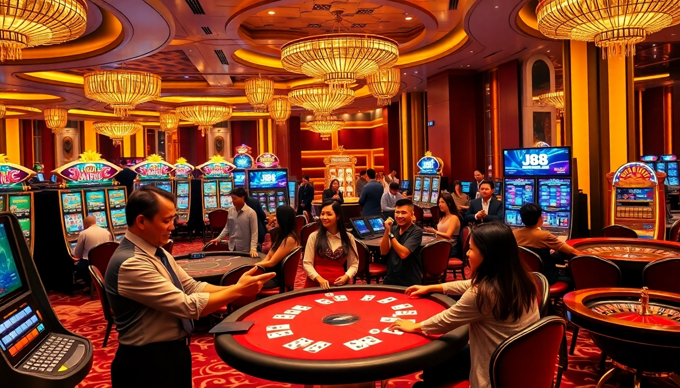 Players enjoying an engaging gambling experience at J88 casino with thrilling games and vibrant atmosphere.