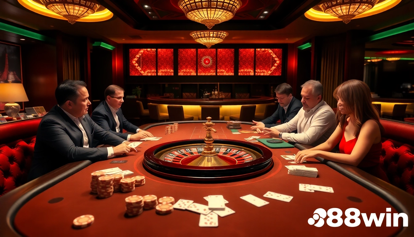 Experience high-stakes excitement at 98win's luxurious casino table with vibrant poker chips and cards.
