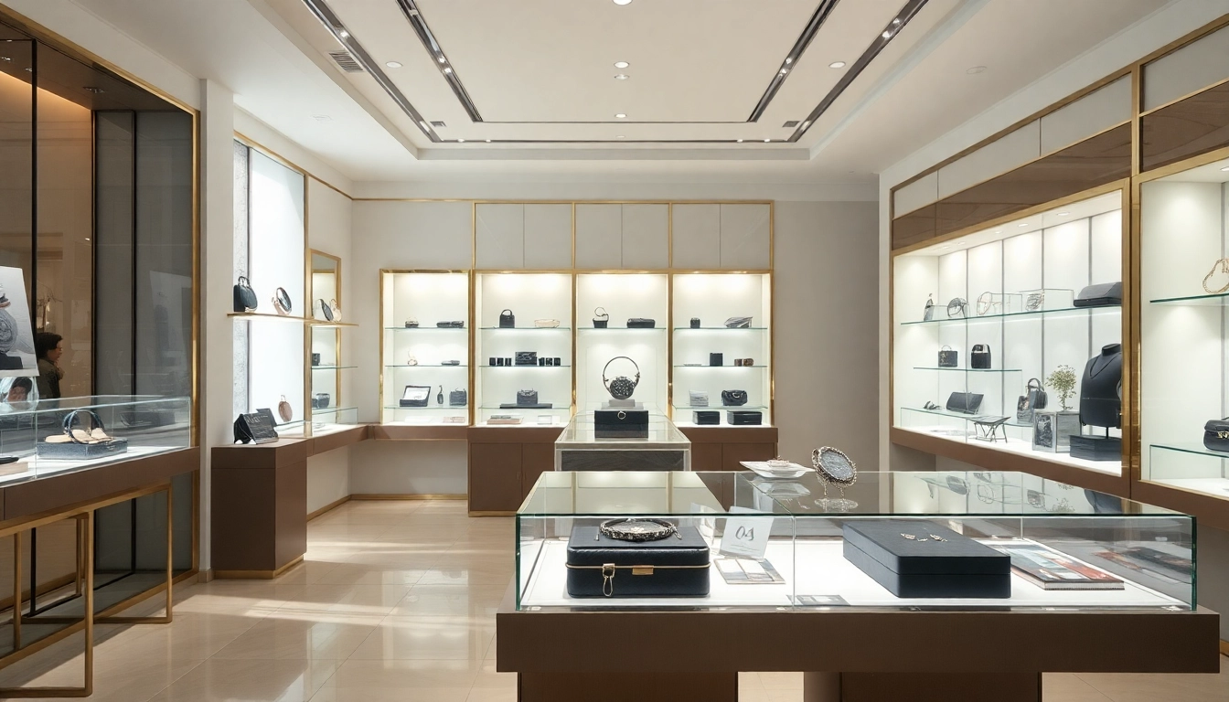 고급 레플리카 제품들을 우아하게 전시한 현대적인 부티크 사진입니다.