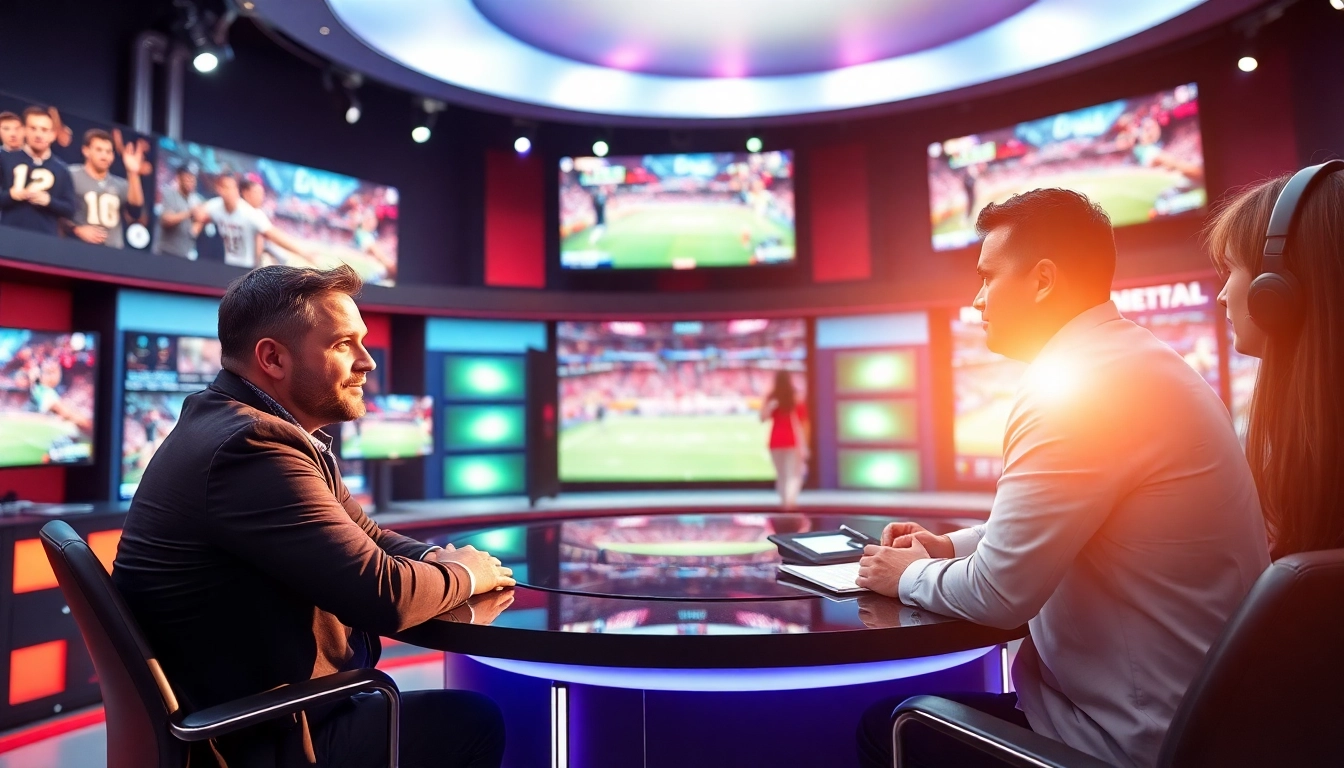 Engaging scene of sports broadcasting hosts discussing live events in a vibrant studio environment.