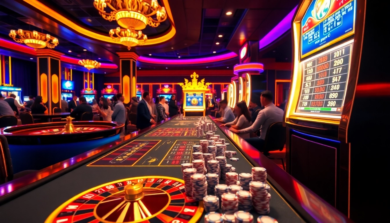 Experience the thrill of jun88 with an engaging casino scene featuring players and vibrant slot machines.
