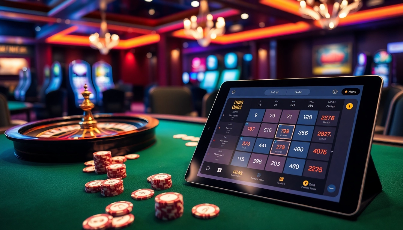 Players engage in thrilling games at UU88’s luxurious casino with vibrant table and slot machines.