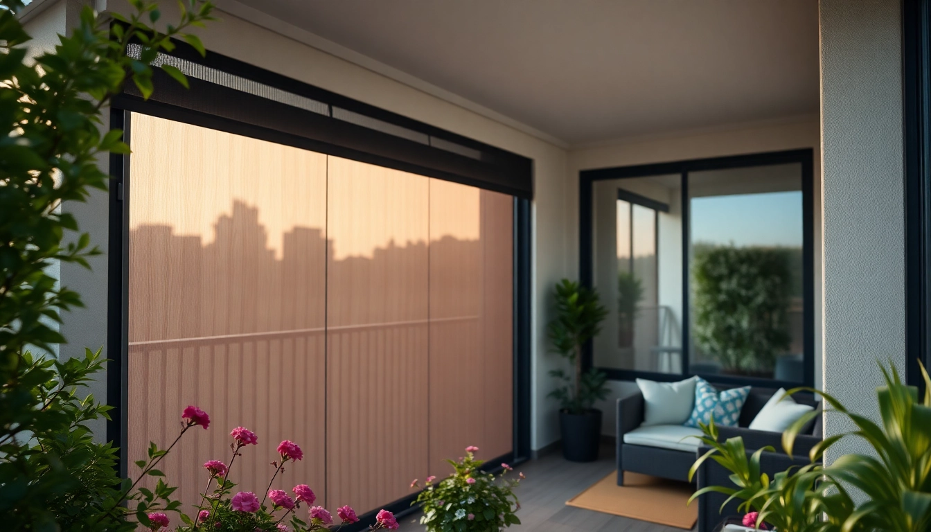 Moskitiery na drzwi balkonowe, nowoczesna plisowana moskitiera na tle pięknej zieleni balkonu.