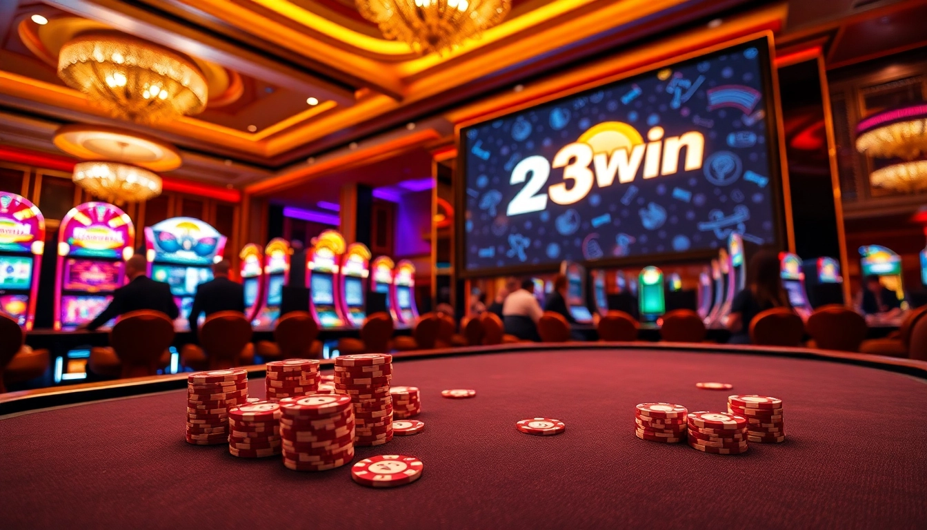 Exciting poker game at 23win casino highlighting luxury elements and vibrant slot machines.