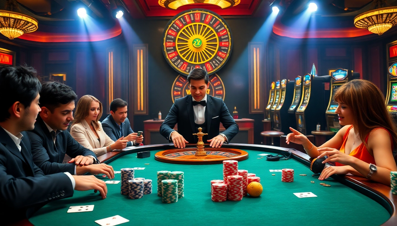 32WIN players engaging in an exciting poker game with vibrant casino atmosphere.
