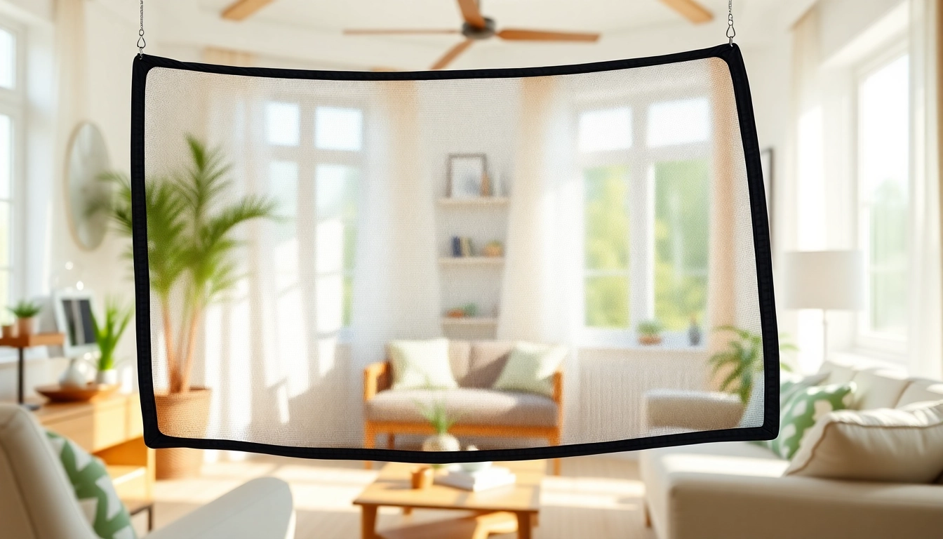 Se myggenet dør i funktion i en moderne stue med naturligt lys.