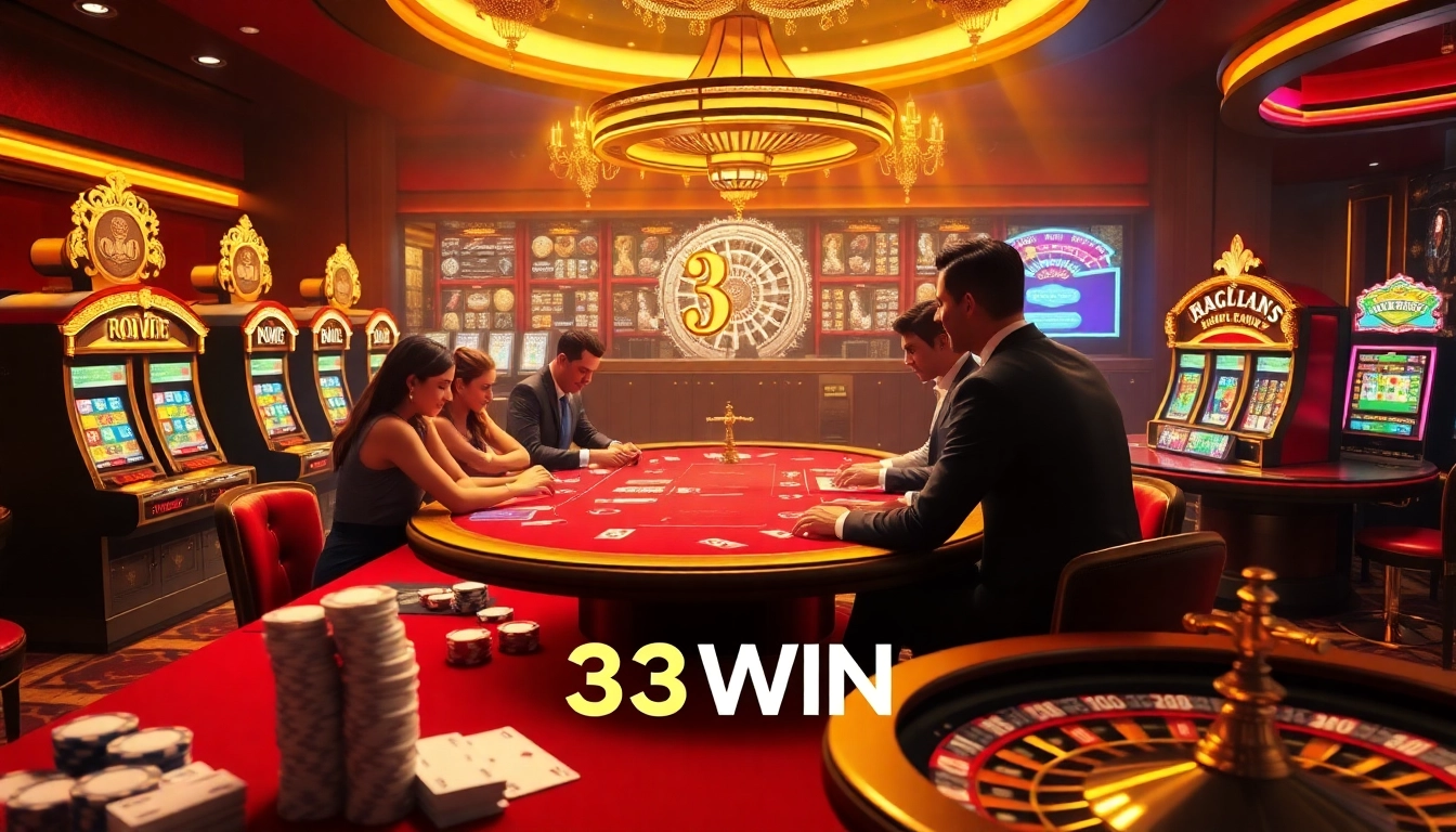 Experience the thrill of gambling at 33WIN with luxurious poker tables and colorful slot machines.