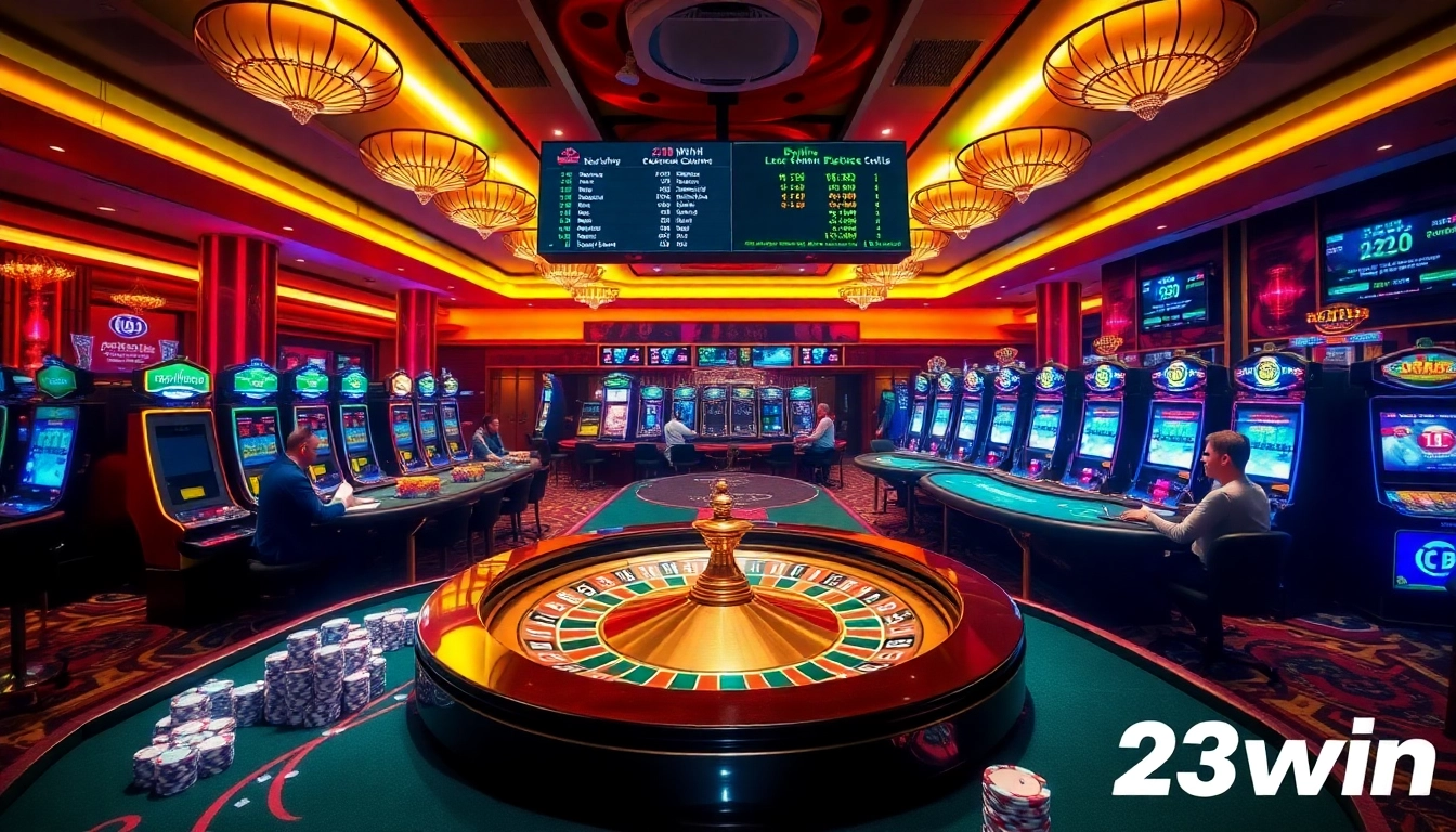 Experience the excitement of gambling at 23win with vibrant casino tables and spinning roulette wheels.