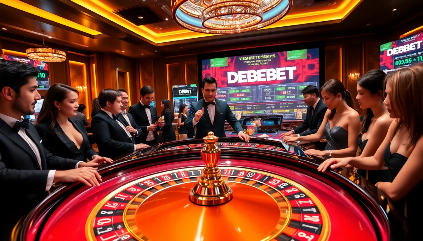 Players engaging with the DEBET roulette table in a luxurious casino environment filled with excitement.