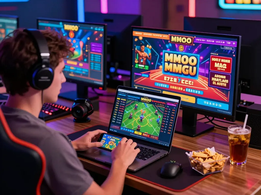 Player using MMOO betting platform at modern gaming desk with live sports odds.
