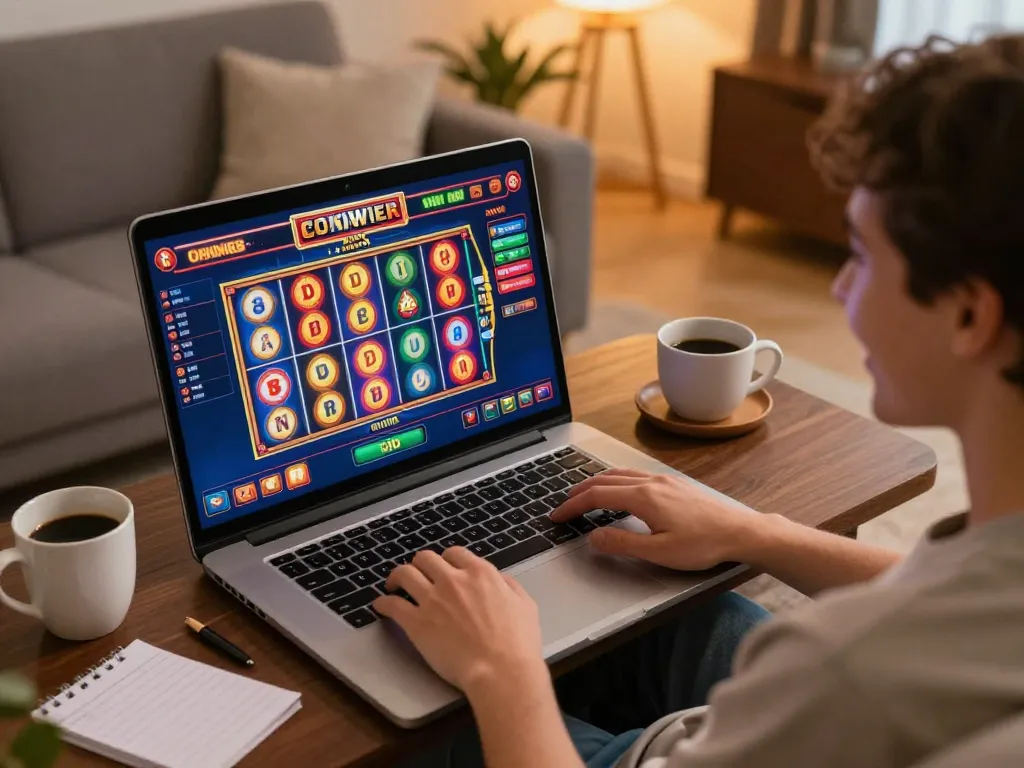 Engaged player enjoying oxbet online slots on laptop at home, emphasizing casual gaming atmosphere.