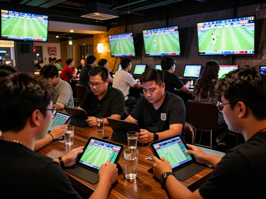 Excited bettors analyzing kèo nhà cái odds in a lively sports betting venue with multiple screens