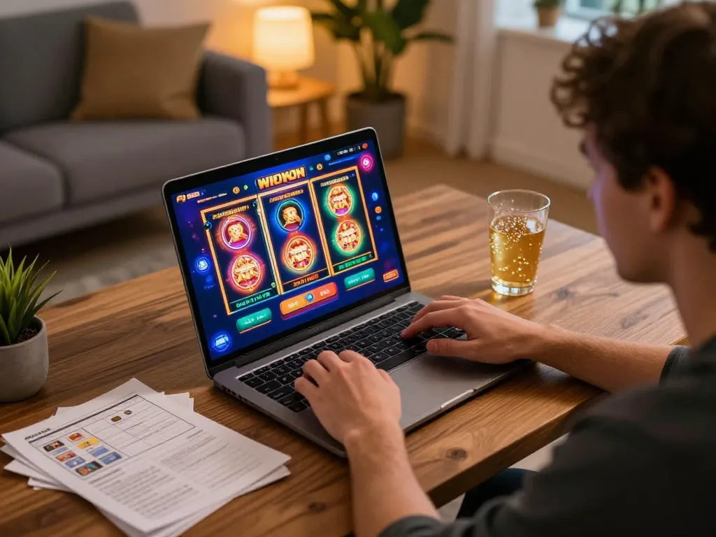 Engaging online gambling moment on https://www.mnm88.com/ with a player focused on dynamic slot game interface at home.