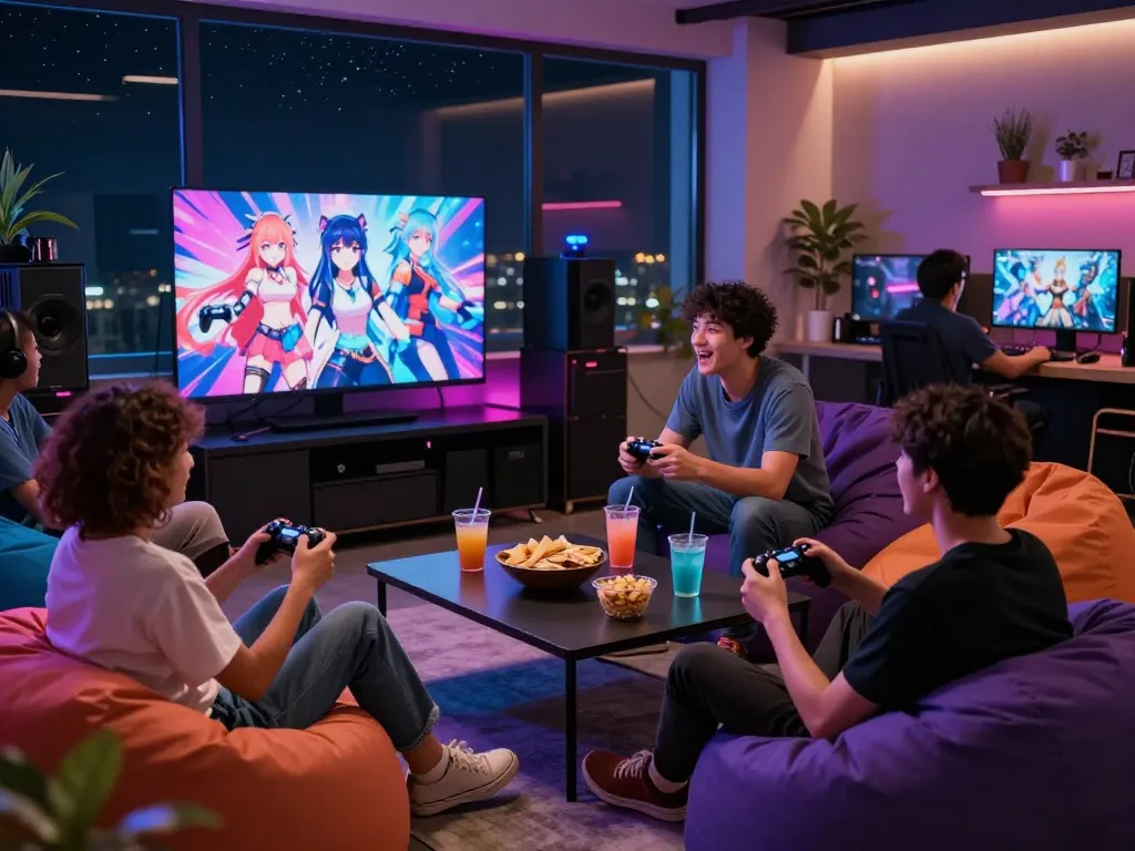 Group enjoying hentai games in a lively gaming lounge environment.