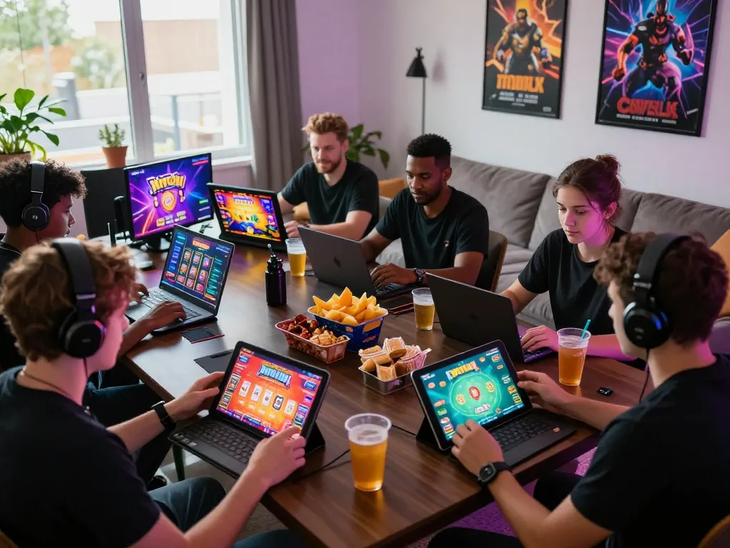 Engaging online gaming scene with players at hitclub, vibrant atmosphere and colorful screens.
