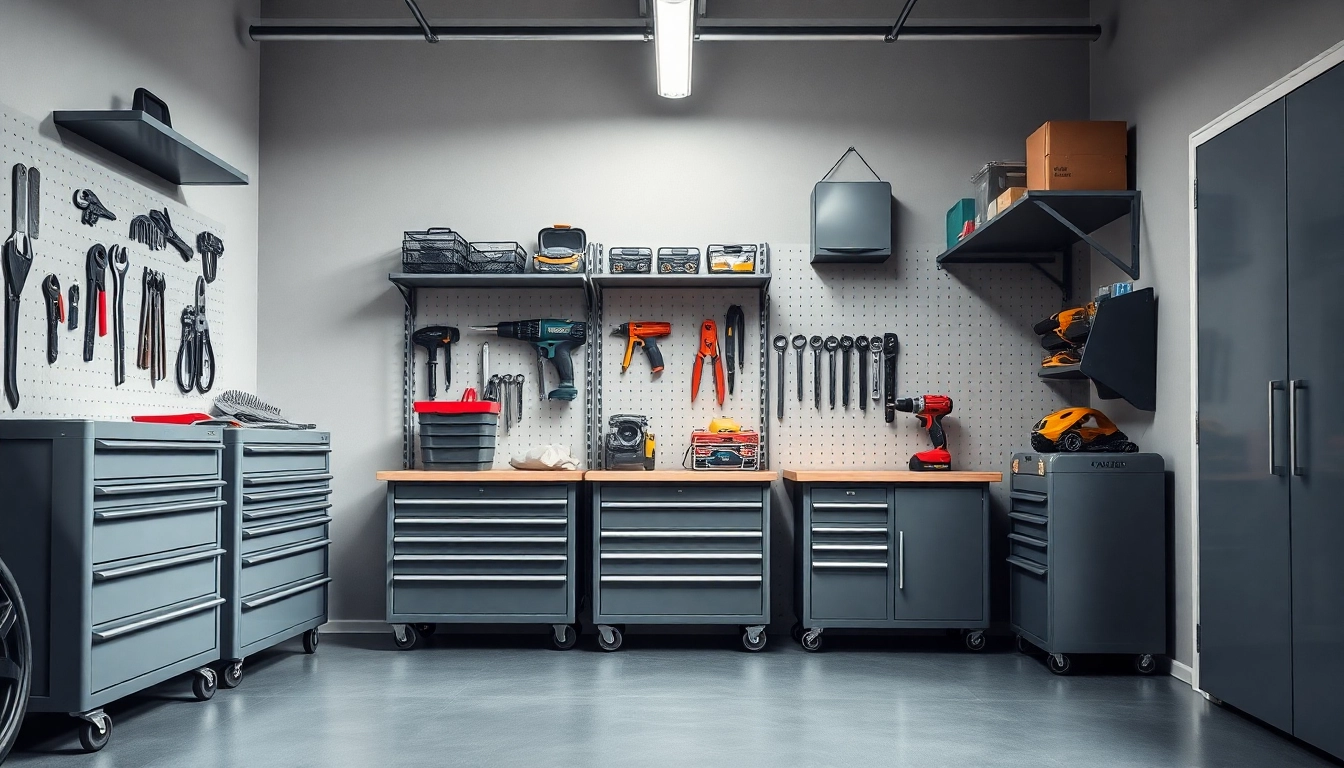 Soluzioni di stoccaggio porta attrezzi efficienti in un garage moderno, con diversi scatoloni e ripiani.