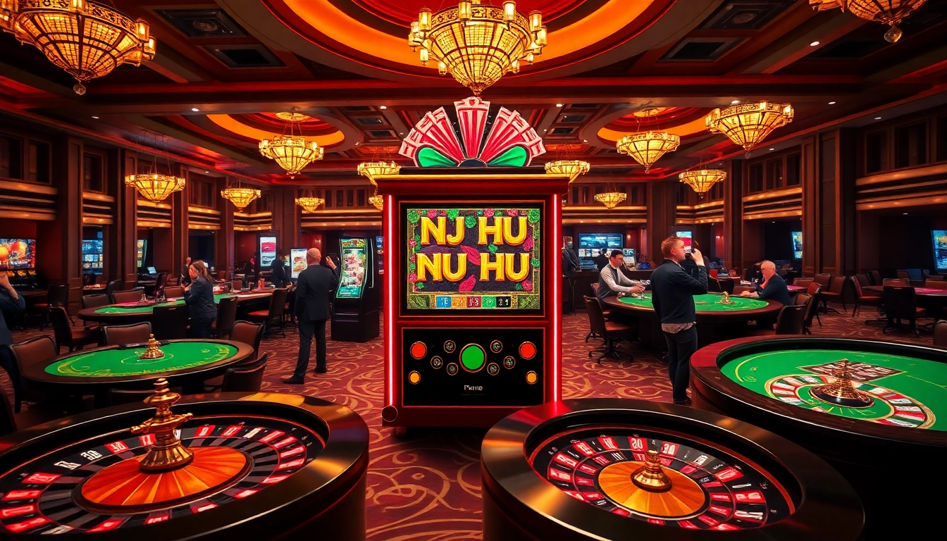 Experience thrilling nổ hũ slot machine action in a vibrant casino environment with joyful players.