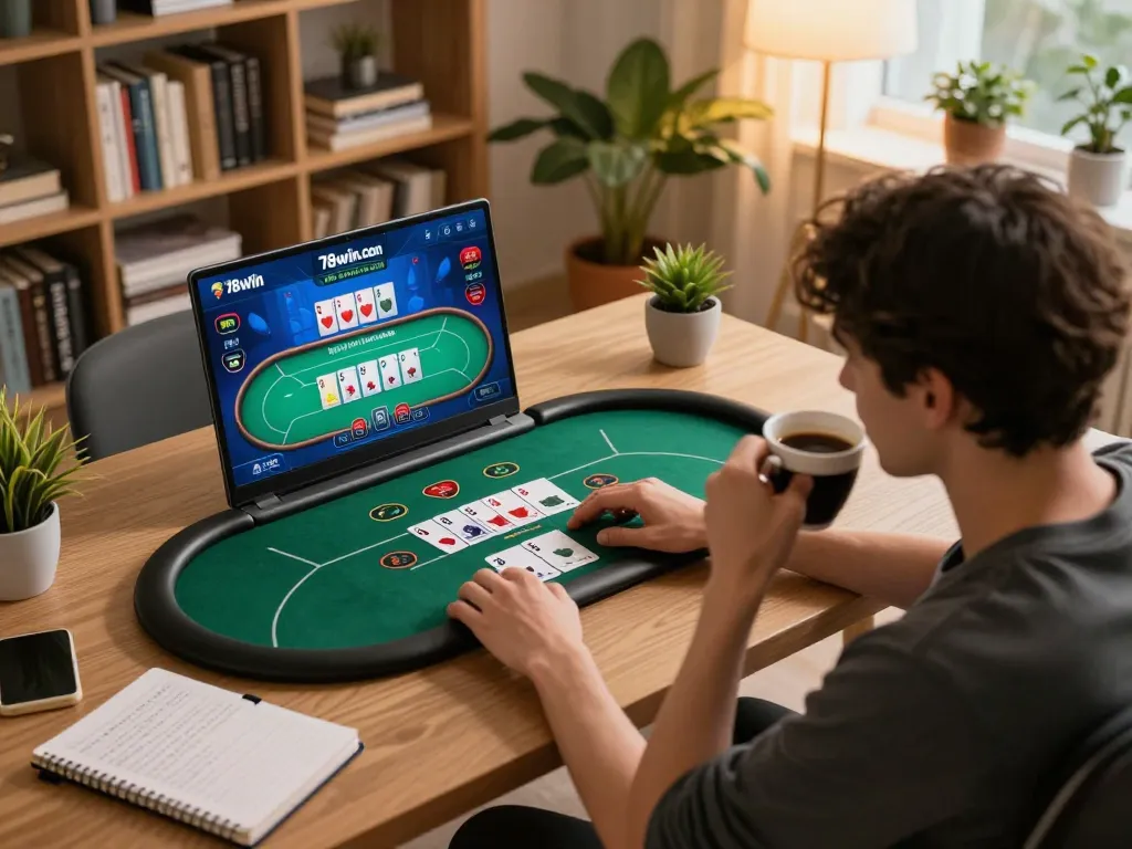 Engaged player analyzing poker strategies on 78win.com during a cozy home gaming session.