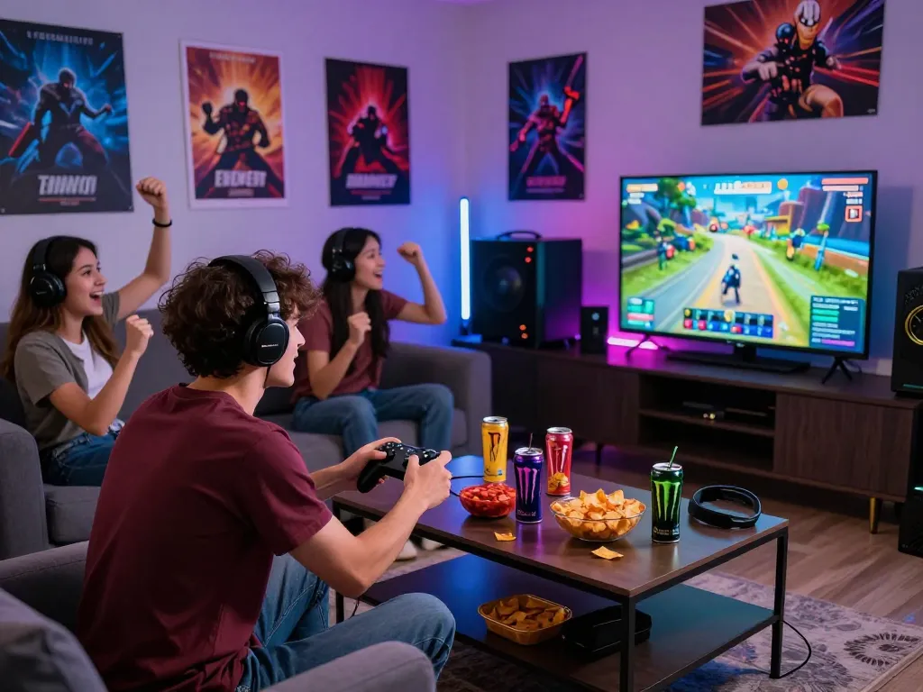 Excited gaming enthusiasts enjoying tải sun win in a vibrant living room setting.