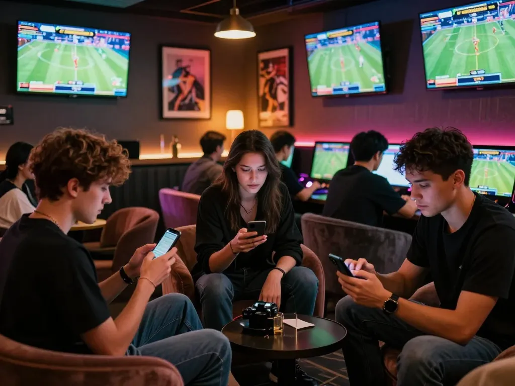 Engaging patrons in a sports betting lounge analyzing their kèo nhà cái odds and placing bets.