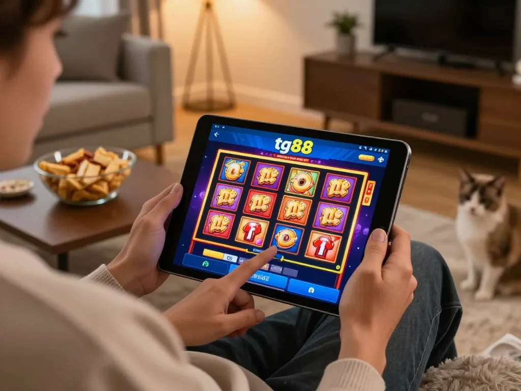 Engaging in tg88 bet online gaming, person enjoying slots on tablet in cozy home