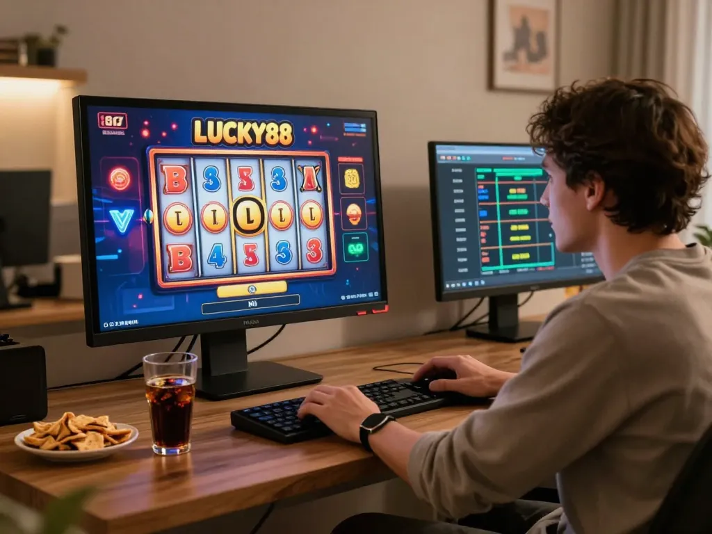Engaged player spins the LUCKY88 slot machine in a cozy at-home setting with snacks and strategy notes.