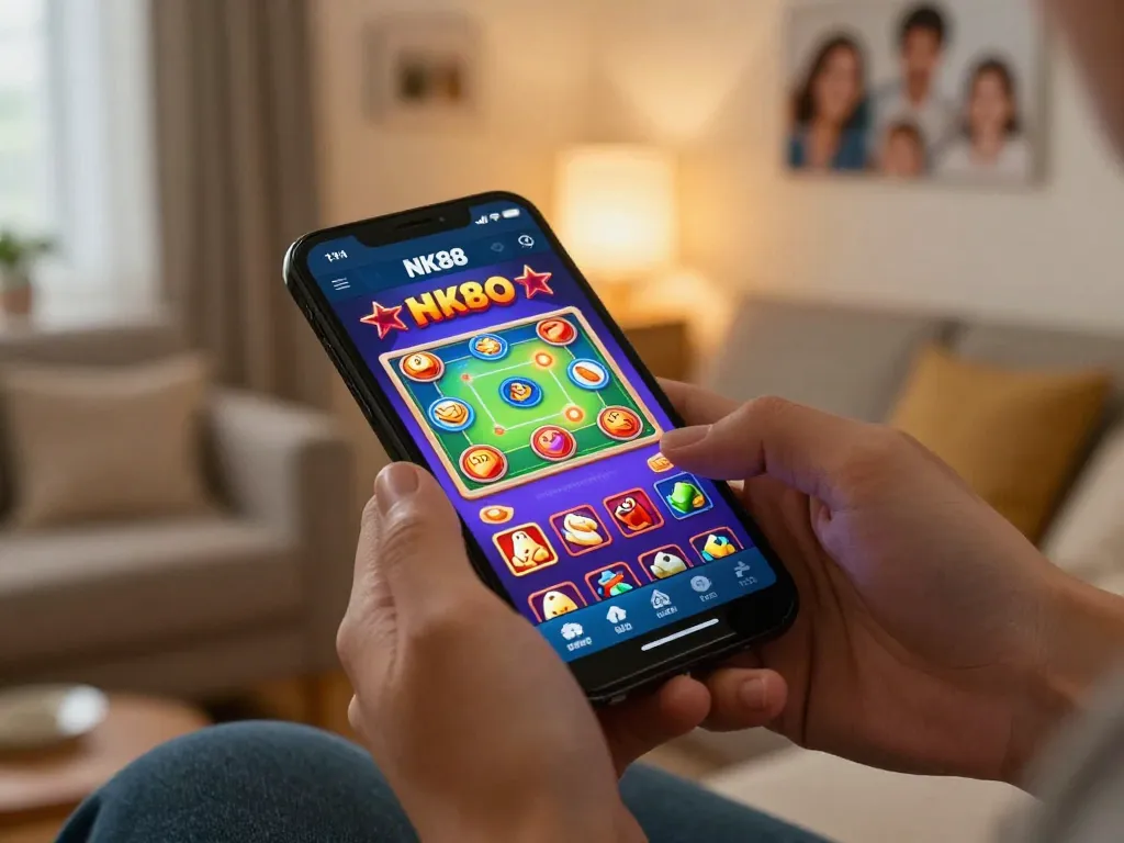 Engaging mobile gameplay on NK88 casino app showcasing vibrant graphics and exciting gameplay in a cozy home setting