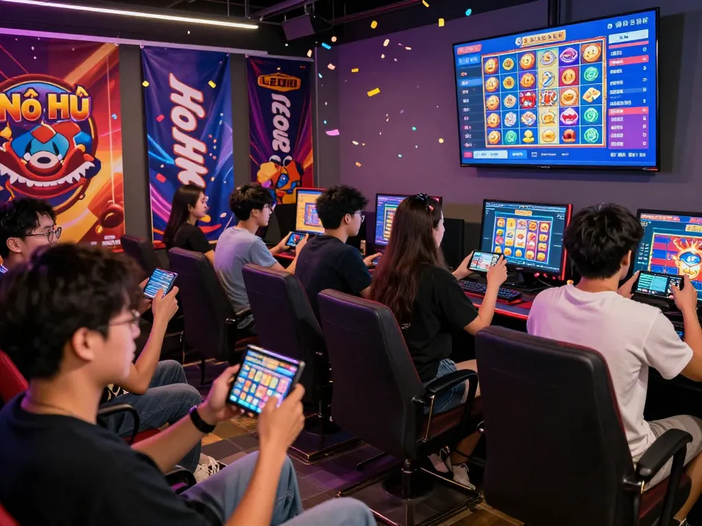 Excited players enjoying Nổ Hũ games on mobile devices in vibrant gaming lounge setting.