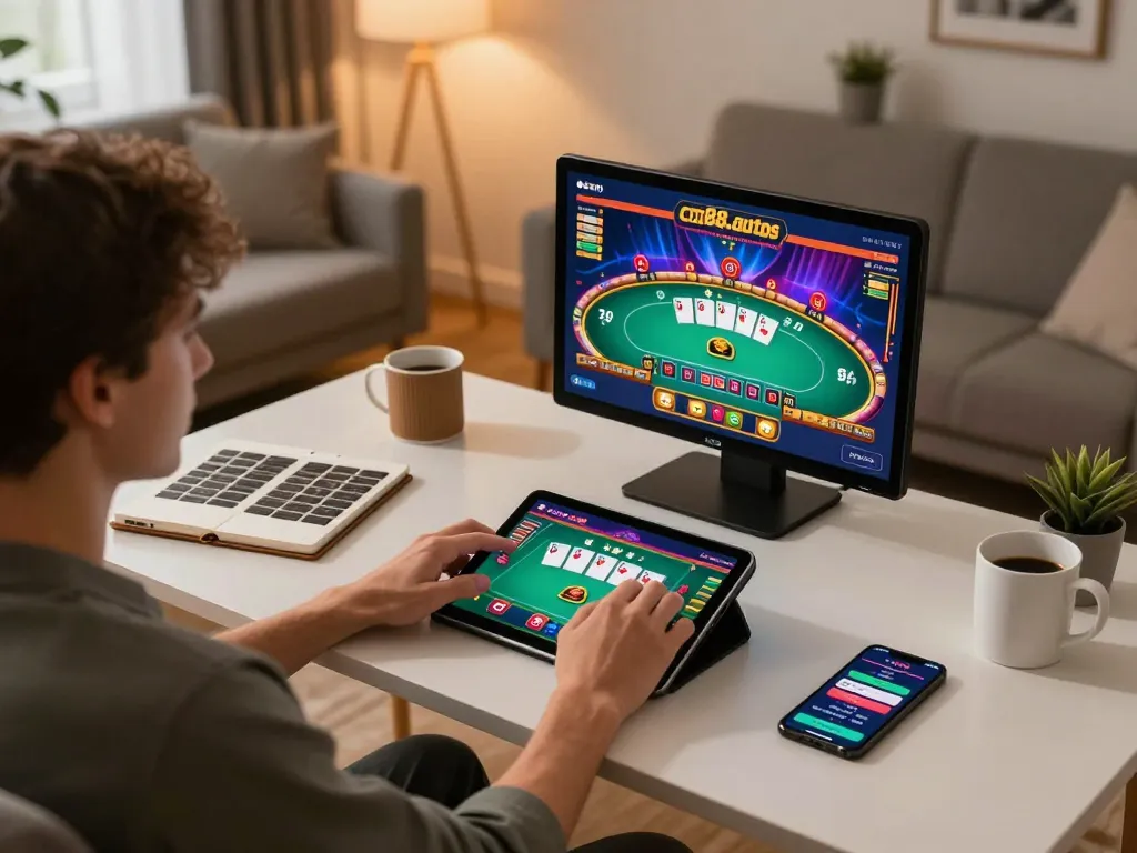 Person gaming on cm88.autos with tablet showing vibrant poker game, cozy setup, strategic atmosphere