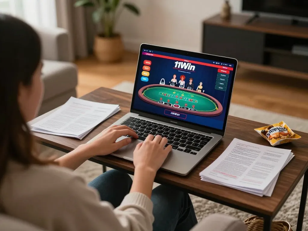 Engaged player enjoying 11Win online casino gaming from home, showcasing a live dealer blackjack game.