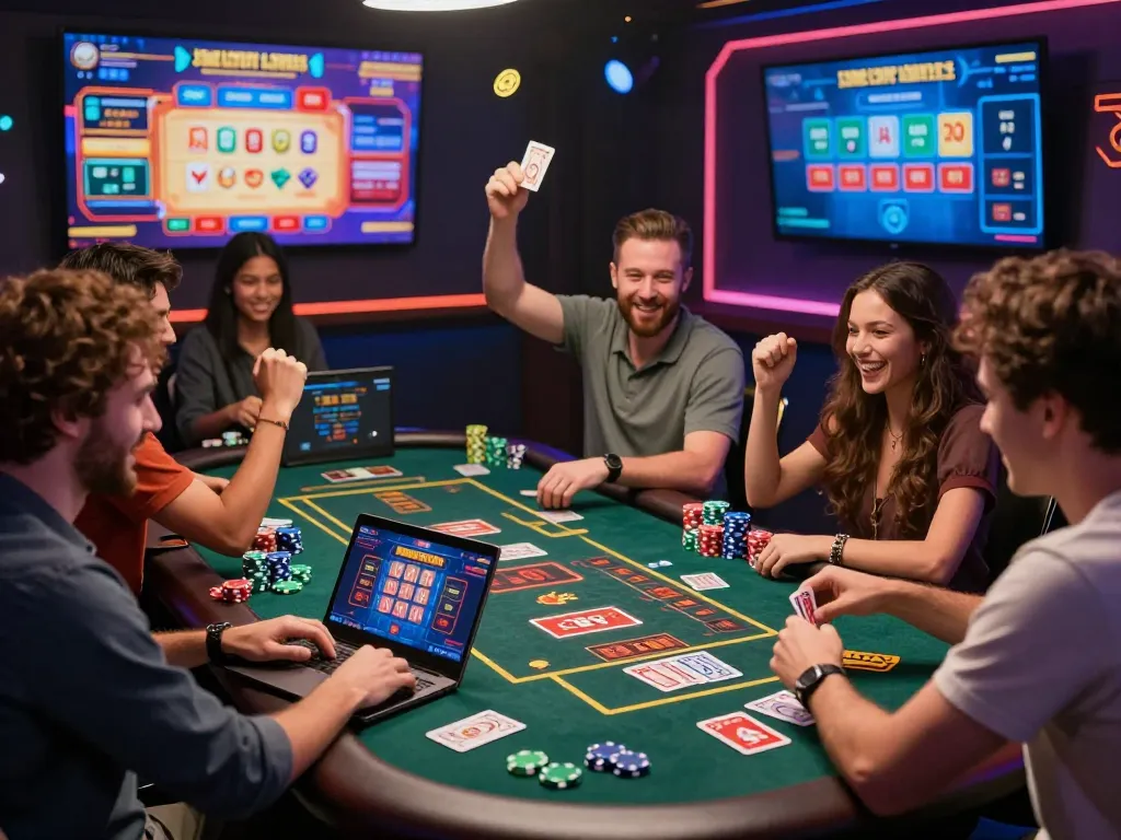 Bomwin players celebrating winnings in an exciting online casino atmosphere.