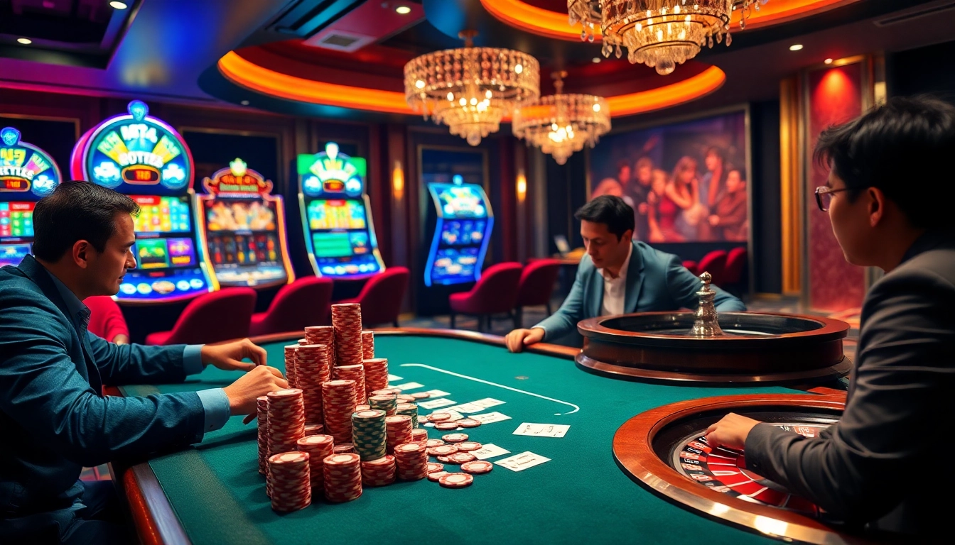 Exciting casino action at https://thabets.it.com/, featuring poker tables and vibrant slot machines.