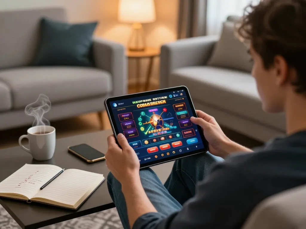 An engaging setup of a person playing on ok8386.autos with a tablet, surrounded by notes and beverages in a cozy home environment.