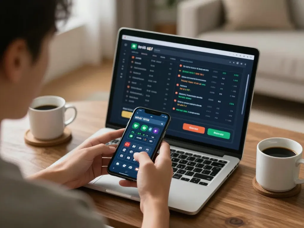 Player using app tài xỉu online on smartphone in a cozy home setting with betting strategies visible