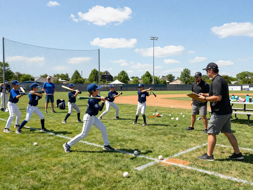 Young athletes training at the hitclub baseball field, practicing techniques with coaches and parents watching.