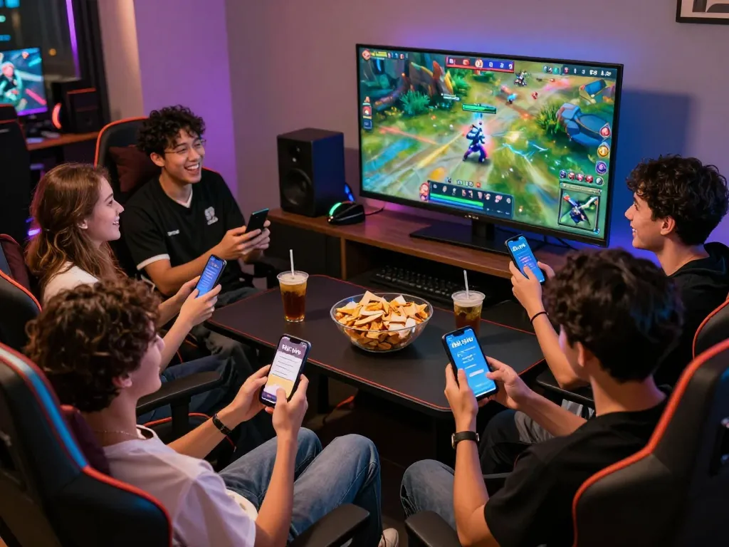 Playful gaming friends enjoying tải game rik vip on smartphones, vibrant atmosphere with snacks and excitement.