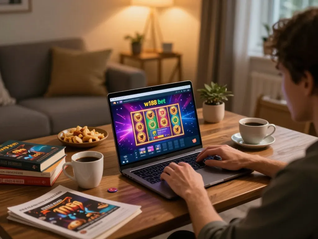 w188 bet player engaging in online casino gaming with snacks and strategy notes