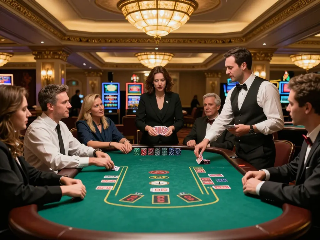 Players strategizing over blackjack table at https://fabet3.net/, showcasing an upscale casino ambiance
