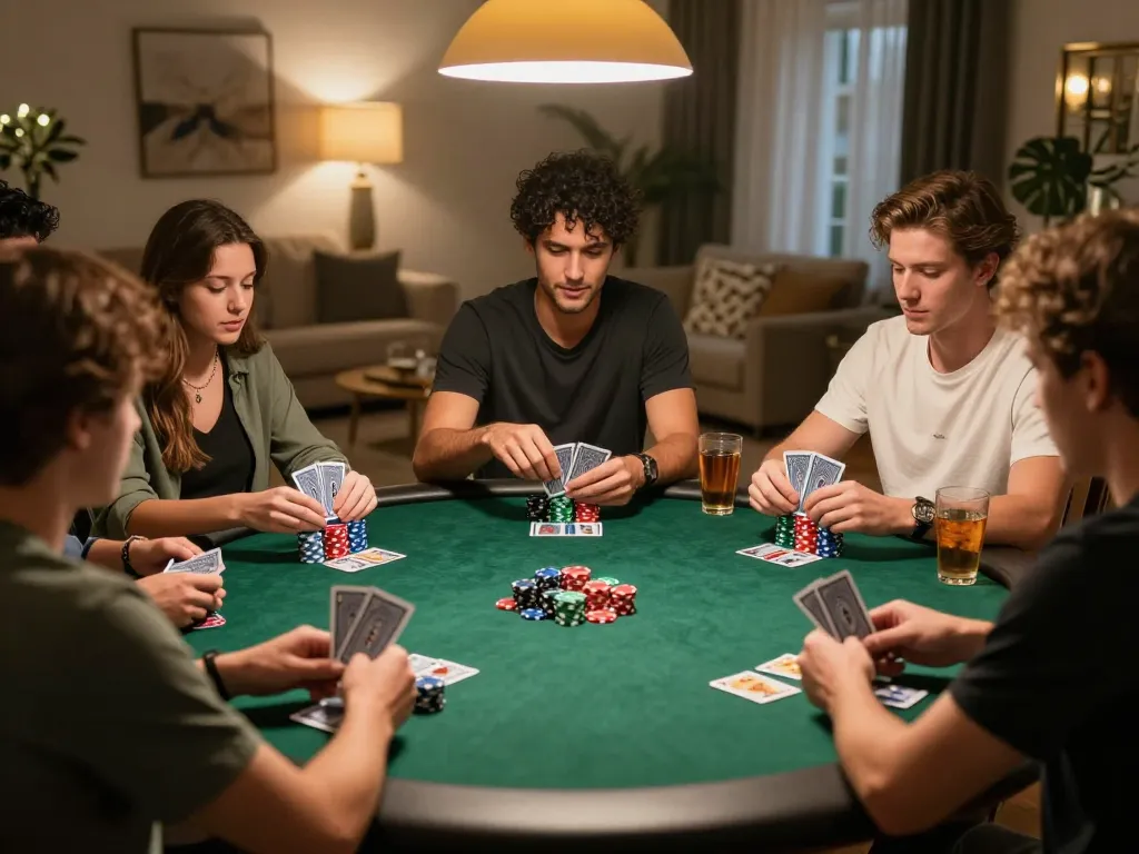 Friends enjoying an engaging poker game at home, showcasing Vin88's social gambling experience
