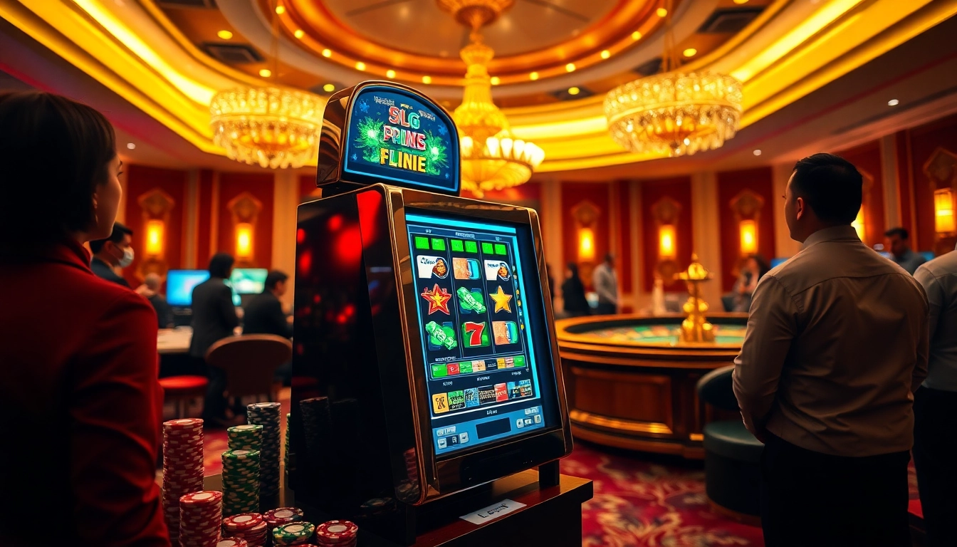 Engaging with a slot deposit pulsa machine in a luxurious casino environment full of excitement.