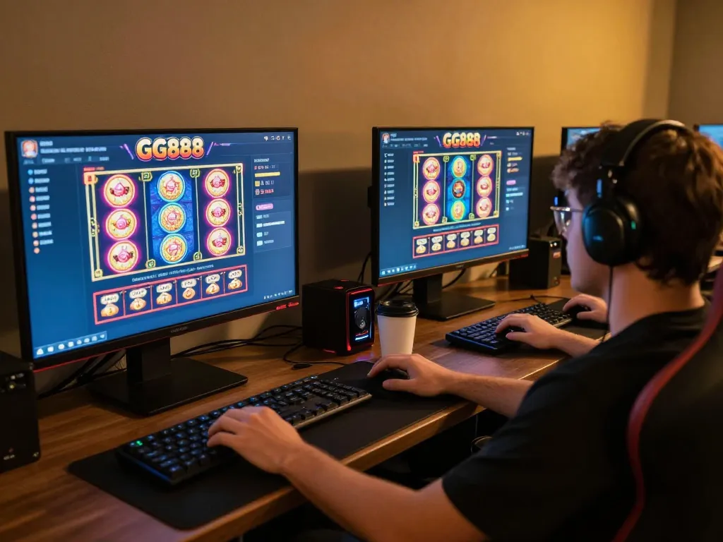 Player enjoying GG888 online casino gaming with multiple screens and vibrant interface.