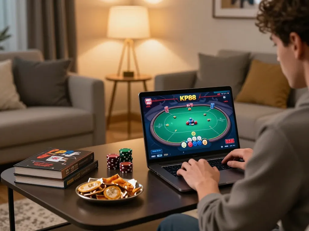 Engaging moment using KP88 for online poker gaming in a cozy home setting with strategy elements.