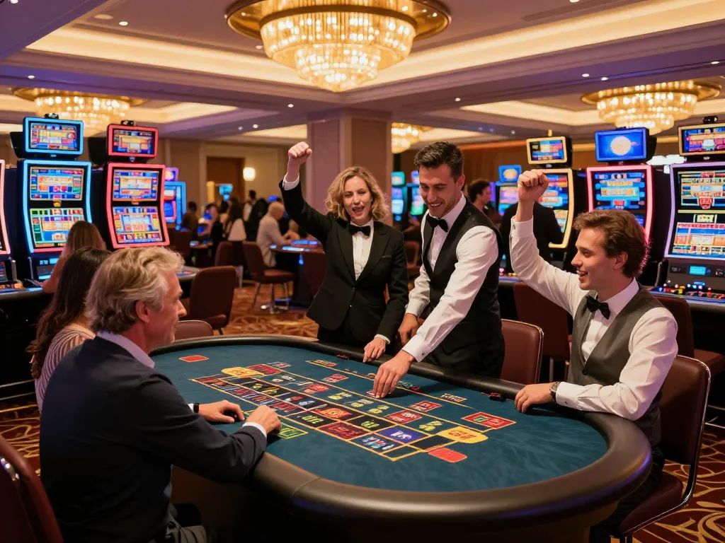 Experience the thrill of winning at https://da88.navy/ with players celebrating at a vibrant casino.