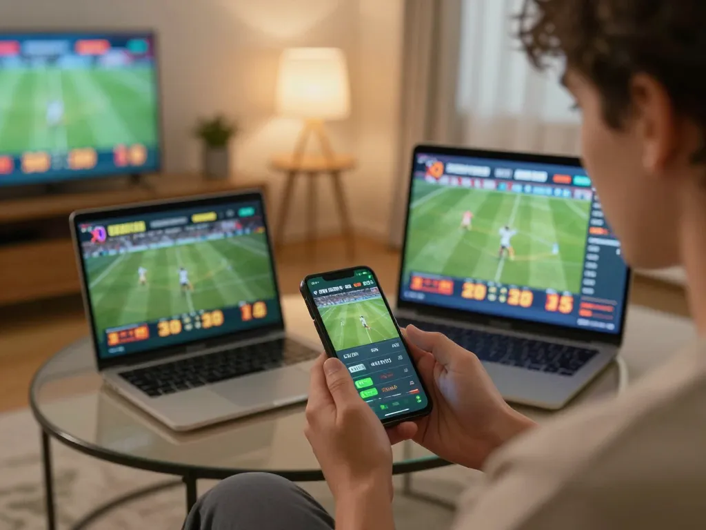 Engaged bettor analyzing live odds on https://tr88watch.com/ using smartphone in modern home setup.